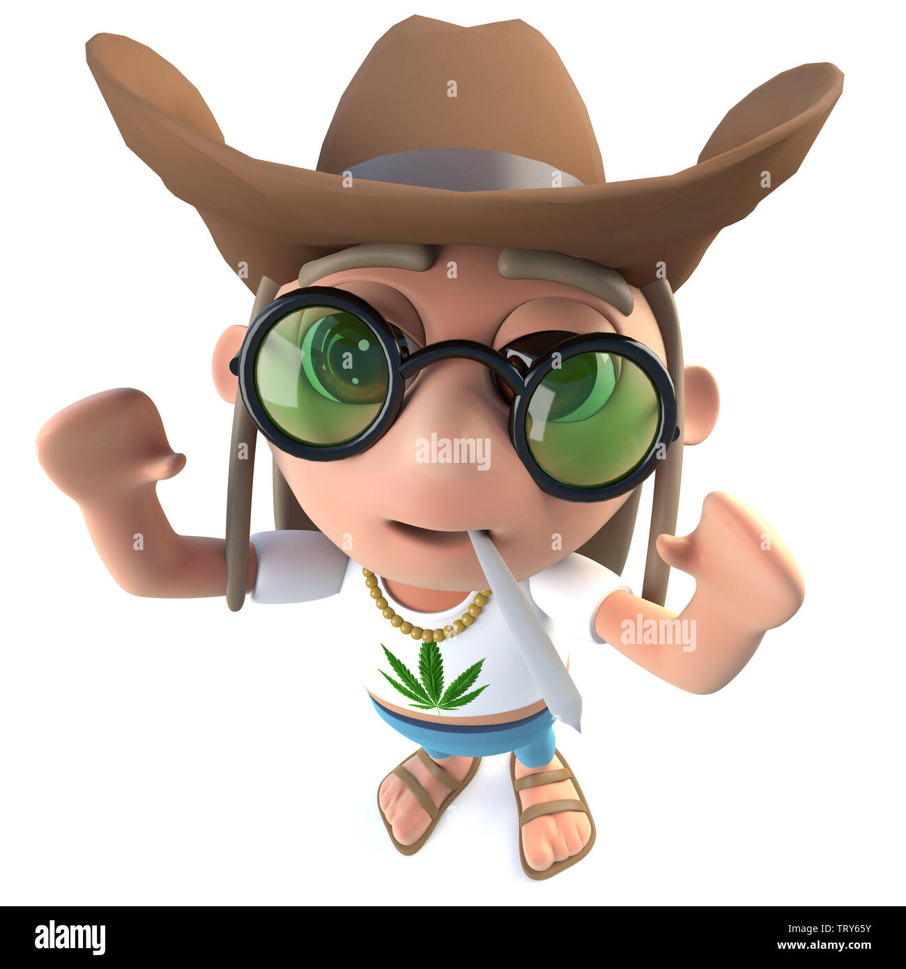 3d render of a funny cartoon hippy stoner character wearing a ten gallon cowboy hat Stock Photo