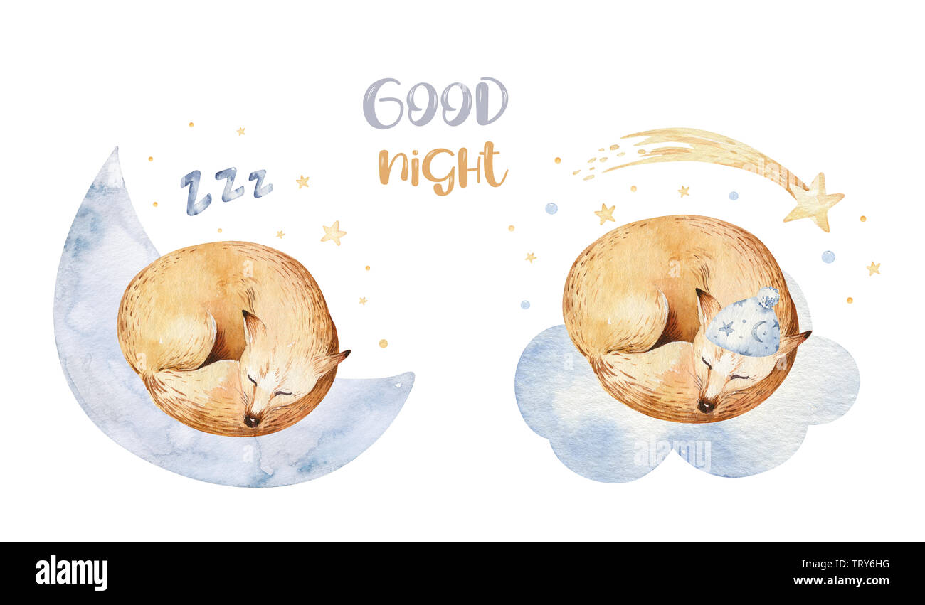 Cute dreaming cartoon animal hand drawn watercolor illustration. Can be ...