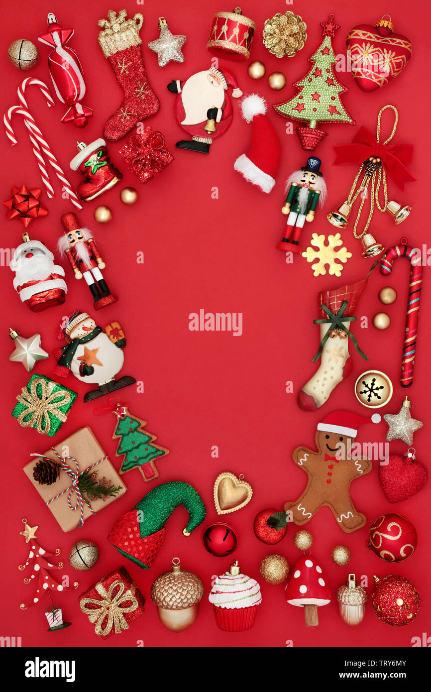 Christmas background border with a large collection of tree bauble