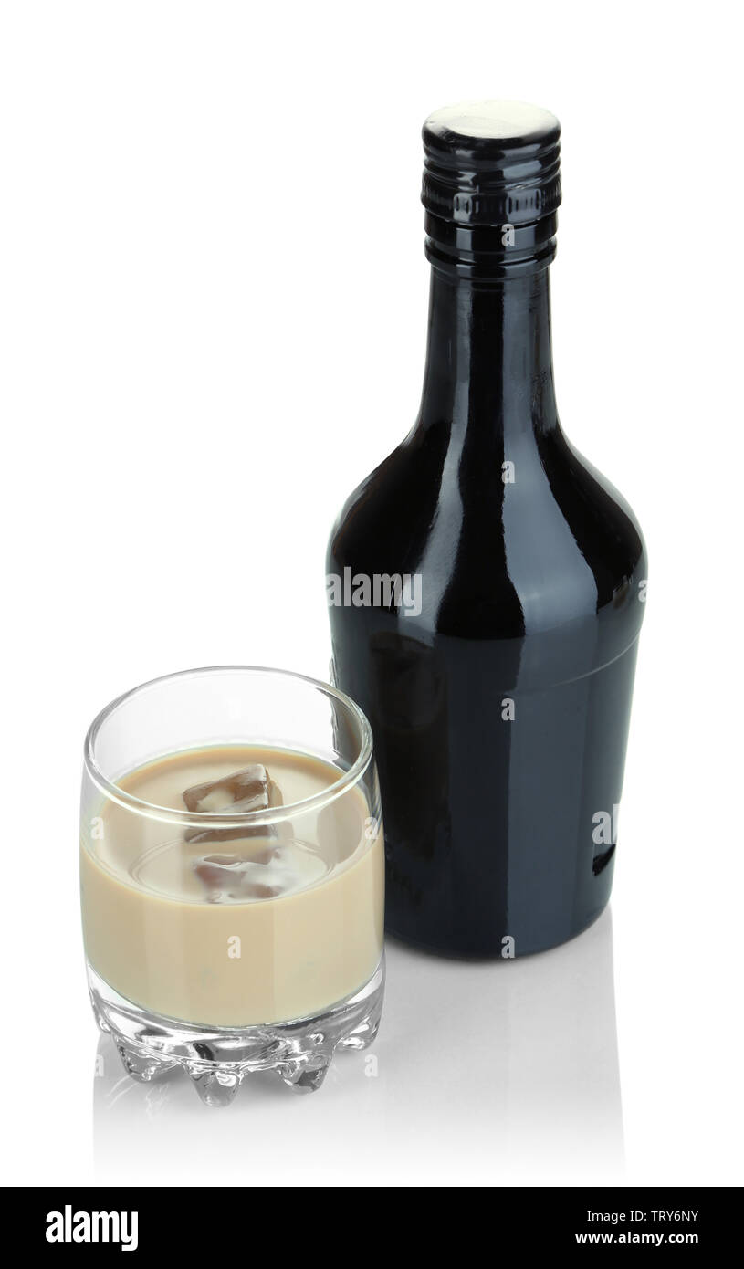 Baileys liqueur in bottle and glass isolated on white Stock Photo