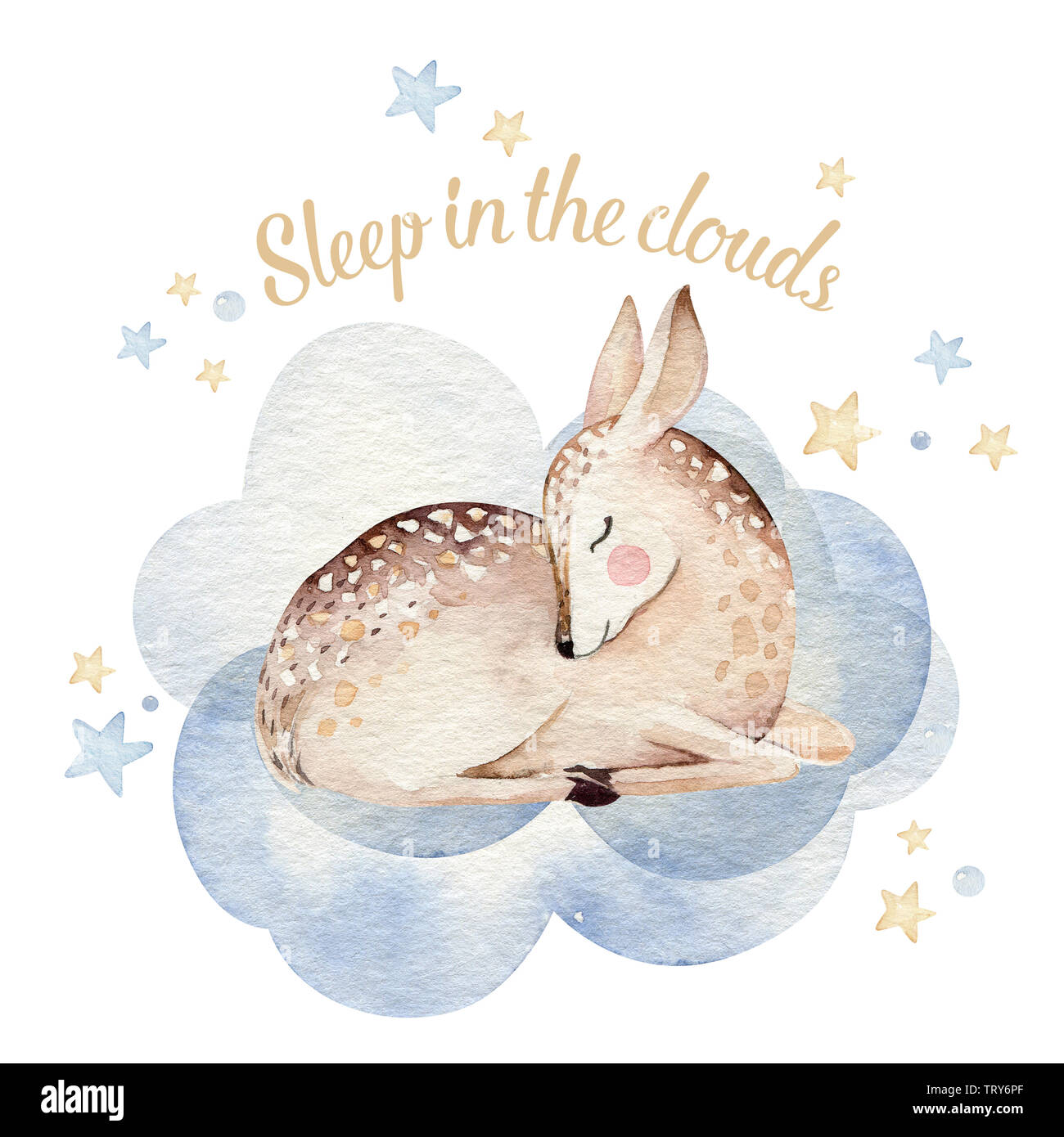 Cute dreaming cartoon animal hand drawn watercolor illustration. Can be ...