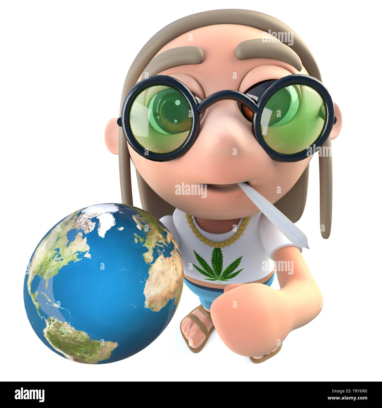 3d render of a funny cartoon hippy stoner character holding a globe of the  Earth Stock Photo - Alamy
