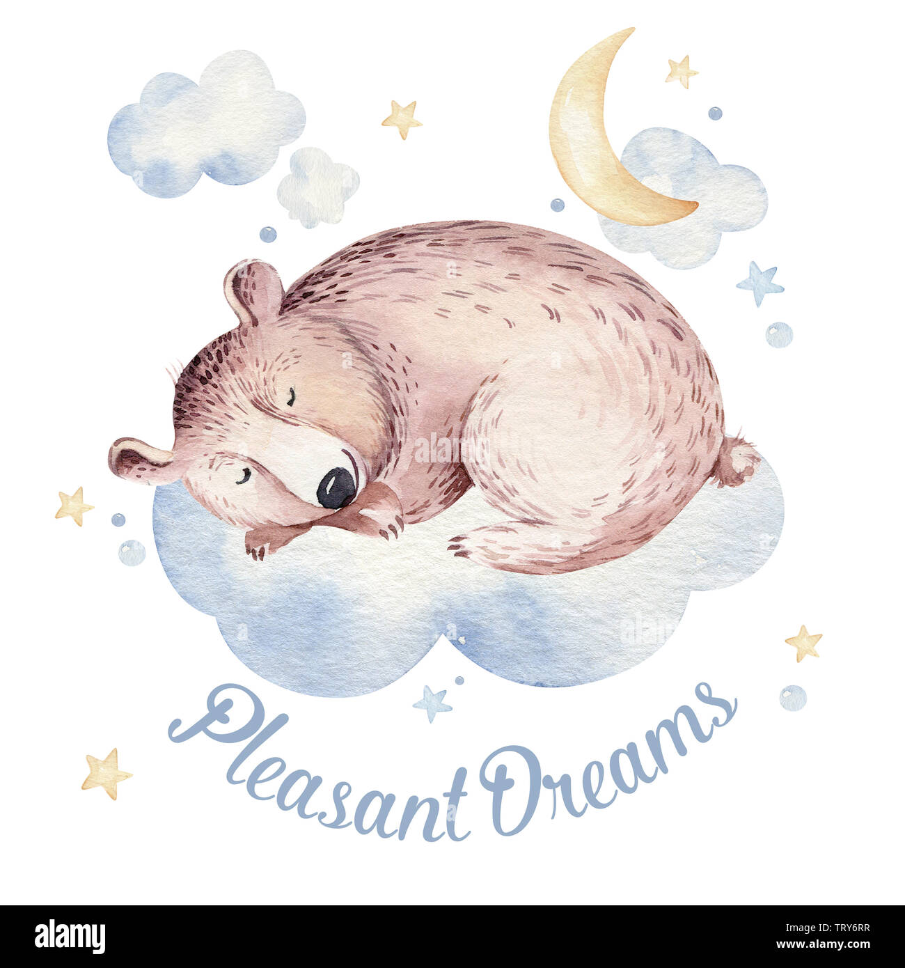 Cute dreaming cartoon bear animal hand drawn watercolor illustration ...