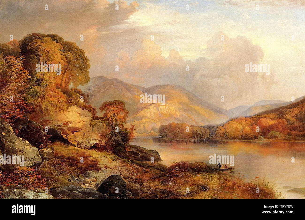 Autumn on the Wissahickon /& animal cows by river Art Oil painting Thomas Moran