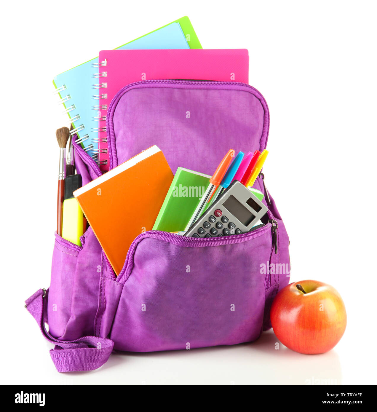 Purple backpack with school supplies isolated on white Stock Photo Alamy