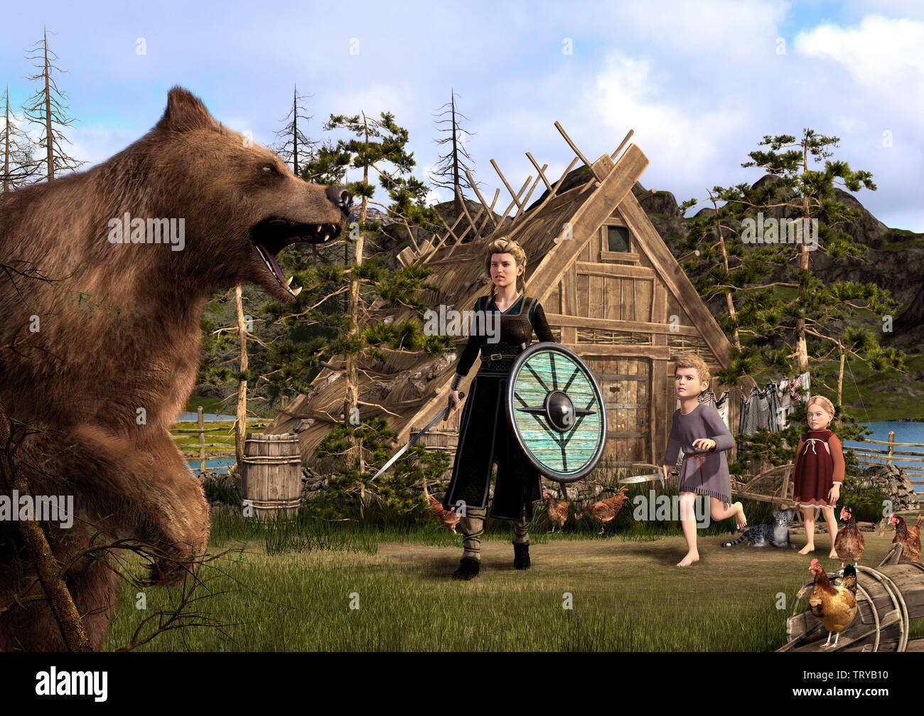 A brown bear attacks a Viking home, defended by a beautiful Viking woman and her children, 3d render painting Stock Photo