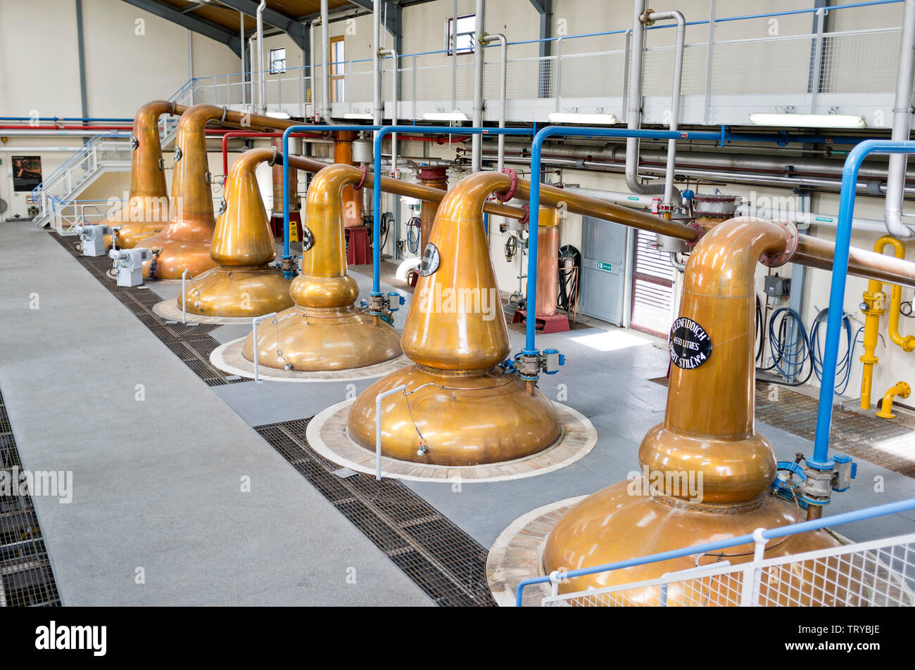 The stills hall at the Glenfiddich Distillery in Duff Town  Scotland Stock Photo