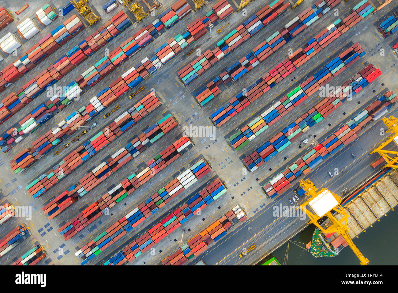 Aerial top view container cargo ship working. Business import export logistic and transportation of International by ship in the open sea. Stock Photo