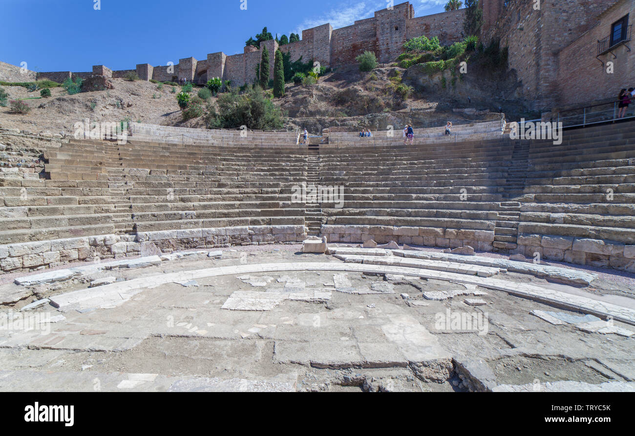 Malaga, Spain - Sept 23th 2019: Orchestra or Stage of Roman Theater of Malaga, Andalusia, Spain Stock Photo