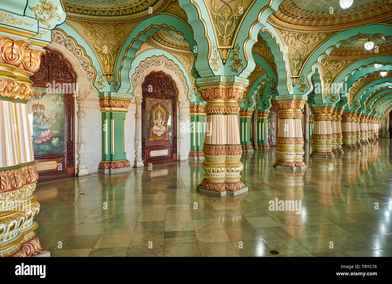 Audience hall, Public Durbar Hall, interior shot of Mysore Palace or ambavilas palace, Mysore, Hassan, Karnataka, India Stock Photo