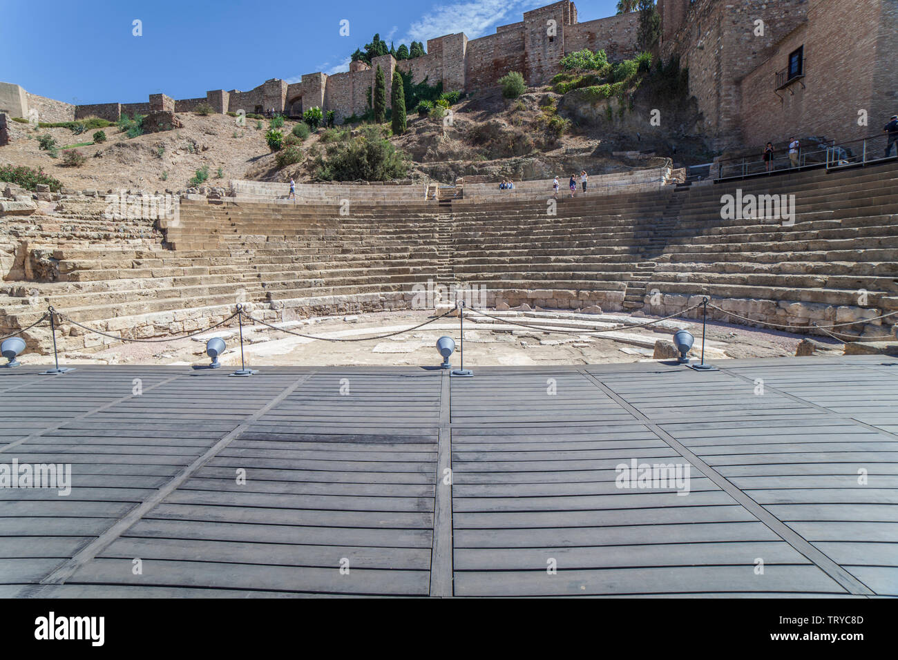 Malaga, Spain - Sept 23th 2019: Stage or pulpitum of Roman Theater of Malaga, Andalusia, Spain Stock Photo