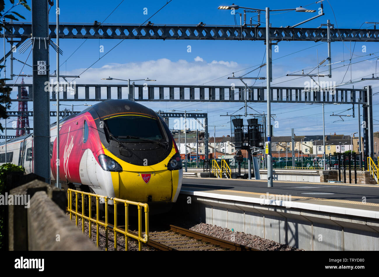 Blackpool England, 6th June 2019: A Virgin Train waiting at a platform at Blackpool North Station Stock Photo