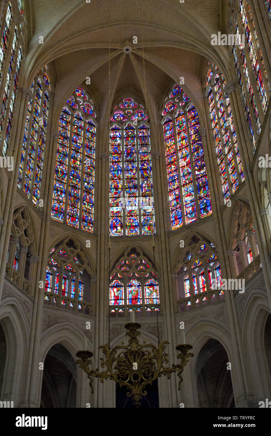 Clerestory stained glass windows at the east end of Tours cathedral. Stock Photo