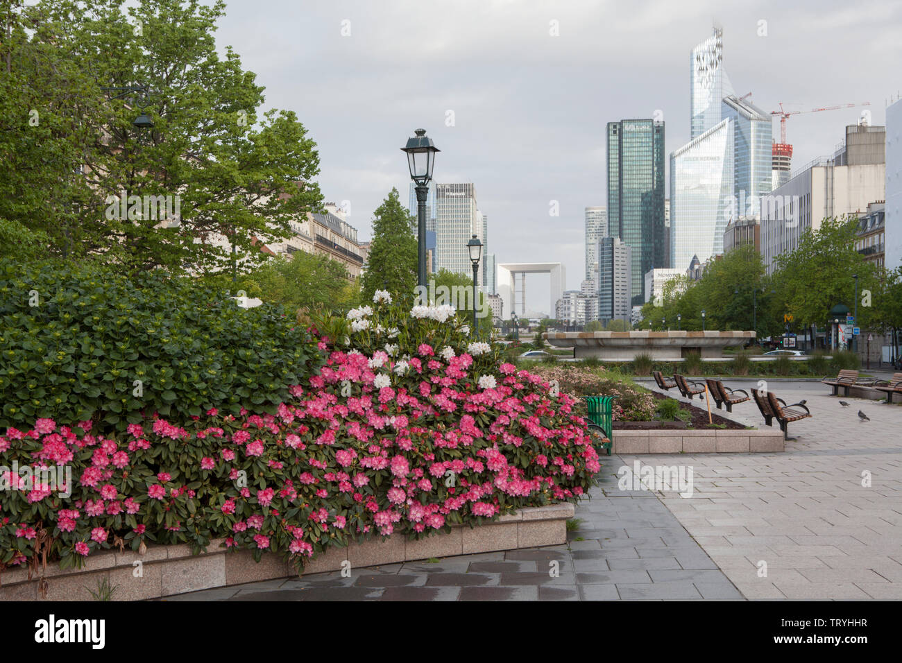 Early morning street scene in Neuilly Sur Seine looking towards La Defense and the Paris Business District Stock Photo