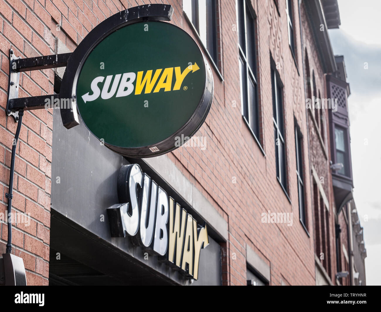 TORONTO, CANADA - NOVEMBER 14, 2018: Subway logo in front of their local Restaurant in Toronto, Ontario. Subway is a fast food chain specialized in sa Stock Photo