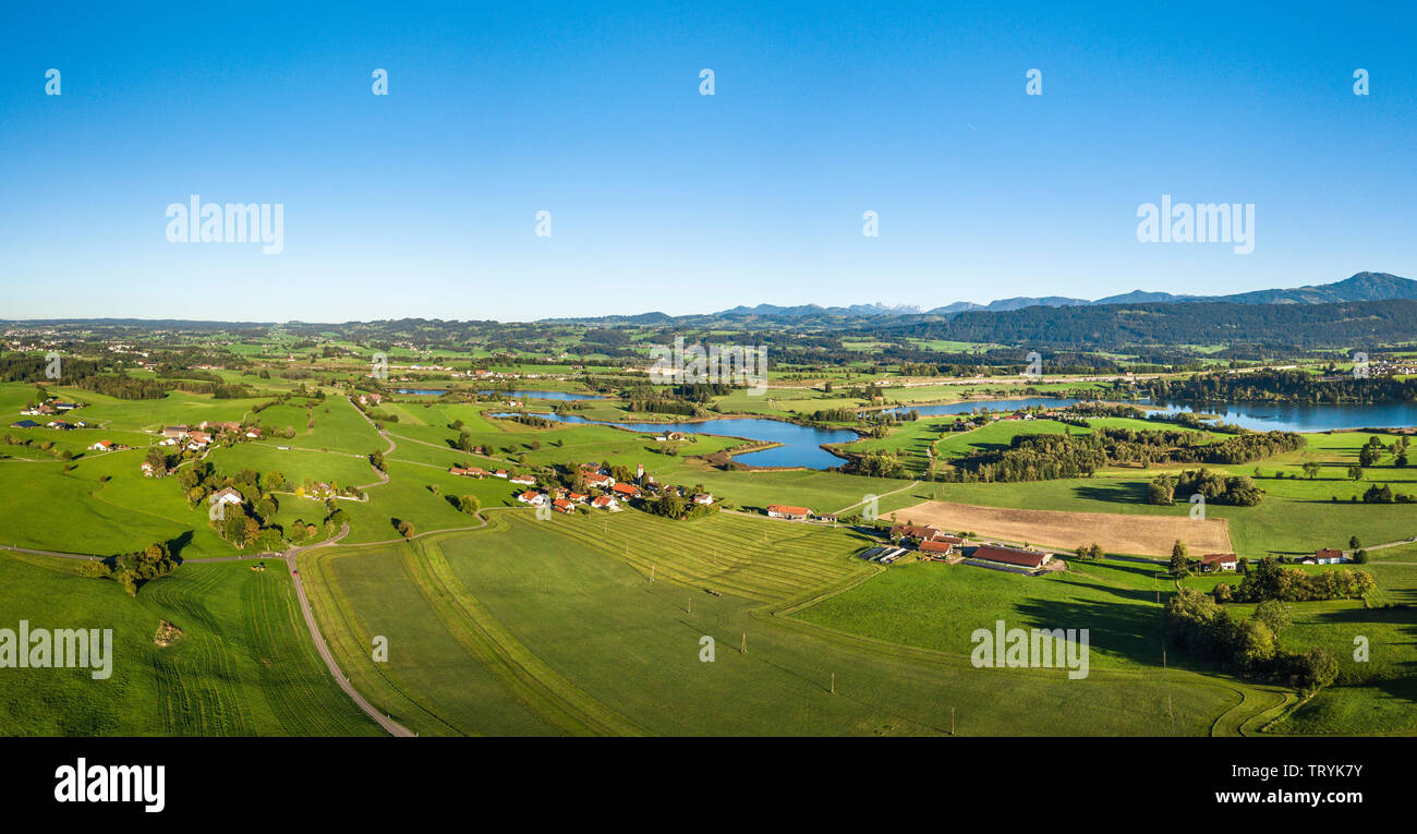 Scenic aerial view to Allgäuer Seen Land in late summertime Stock Photo