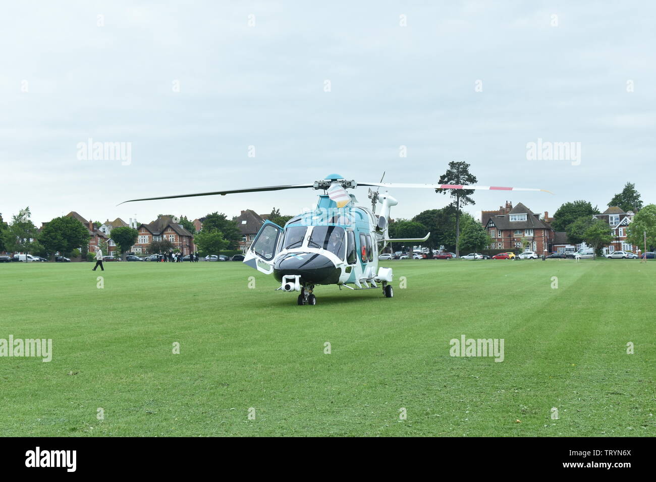 Leonardo AW169: G-KSST of Kent, Surrey & Sussex, Air Ambulance about to take off from Radnor Park, Folkestone U.K Stock Photo