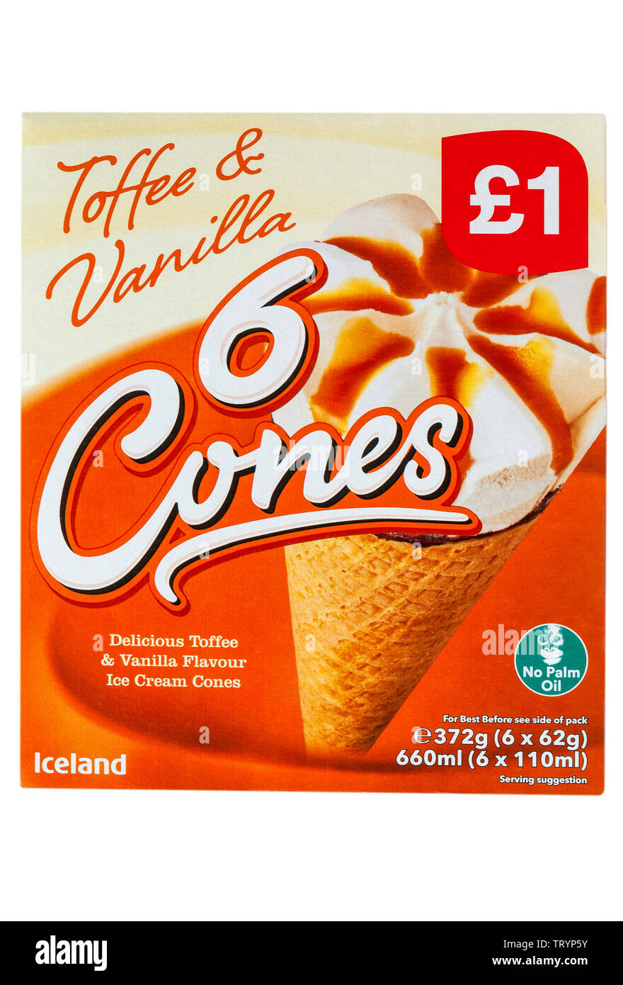 Box of Iceland Toffee & Vanilla 6 Cones delicious toffee & vanilla flavour ice cream cones isolated on white background Stock Photo
