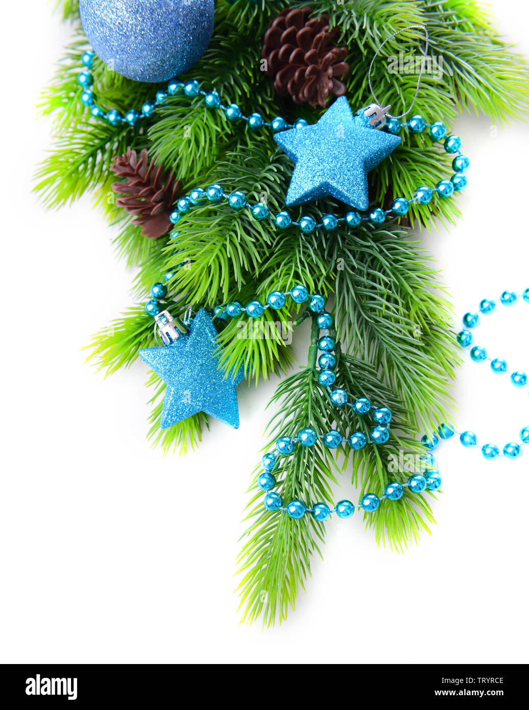 Christmas balls and decorative stars on fir tree, isolated on white ...