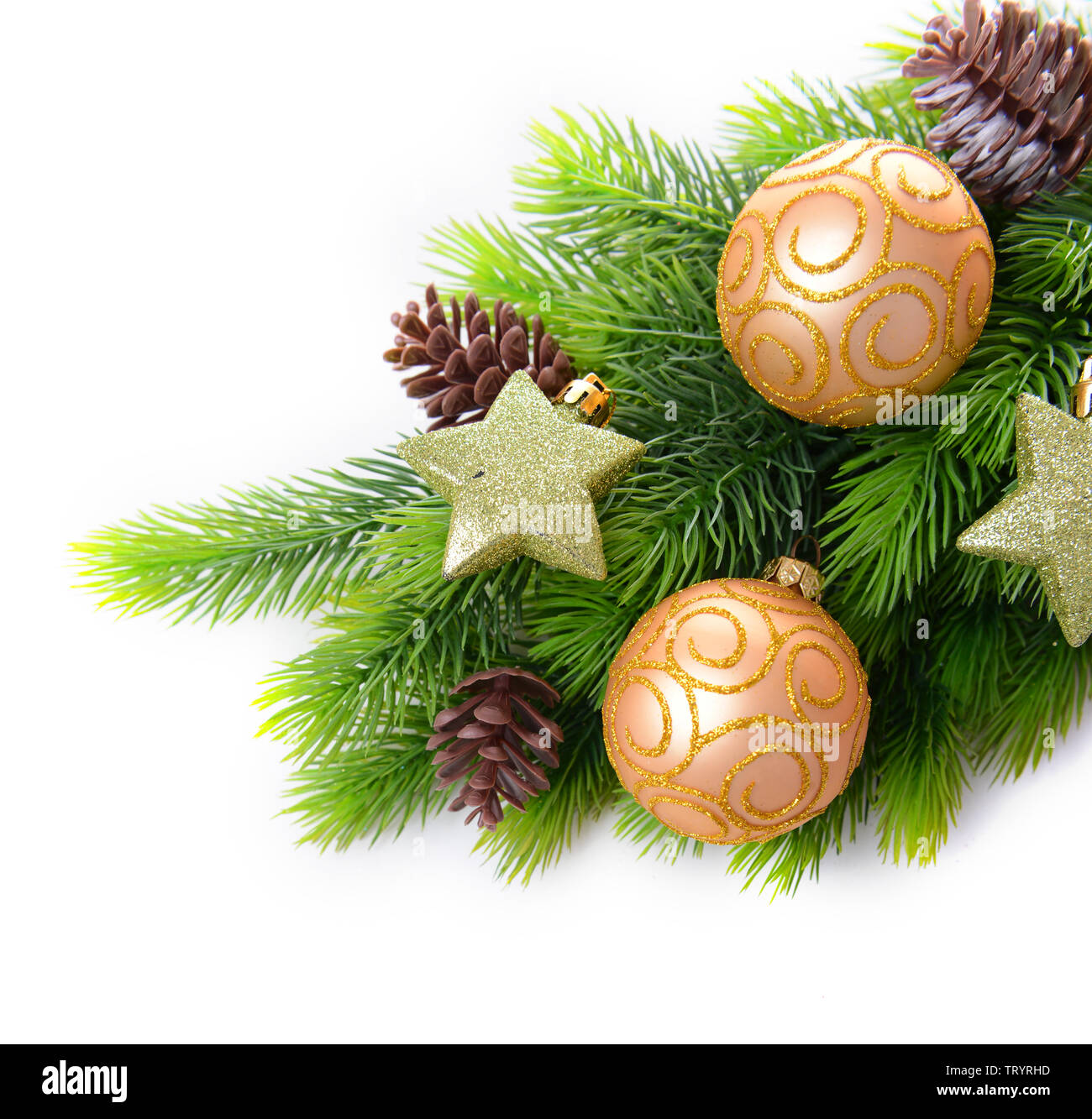 Christmas balls and decorative stars on fir tree, isolated on white ...