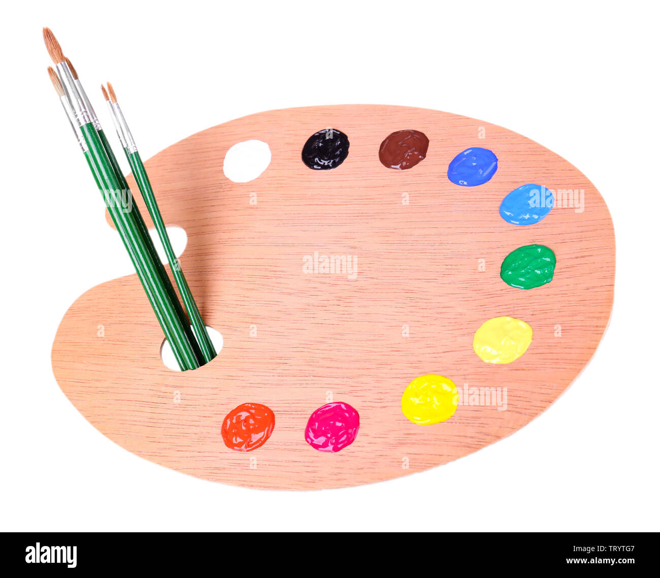 Wooden art palette with paint and brushes isolated on white Stock Photo ...
