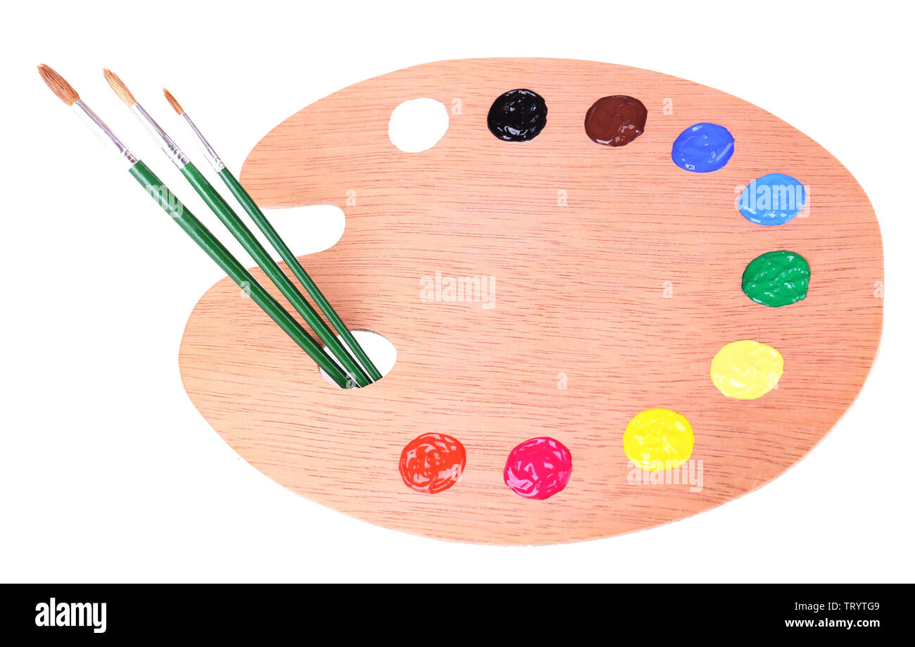 Wooden art palette with paint and brushes isolated on white Stock Photo ...