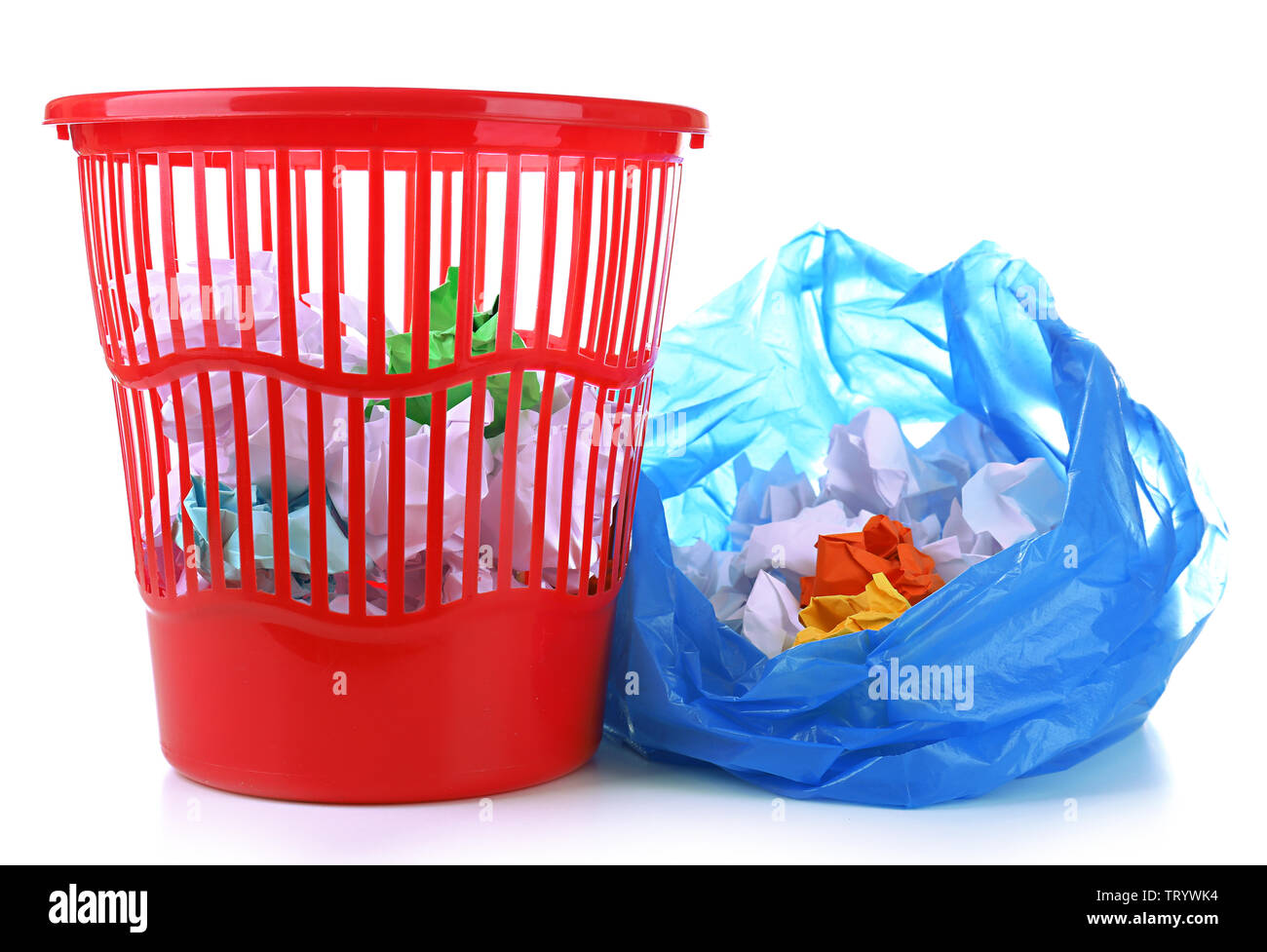 Garbage bin and plastic trash bag, isolated on white Stock Photo - Alamy