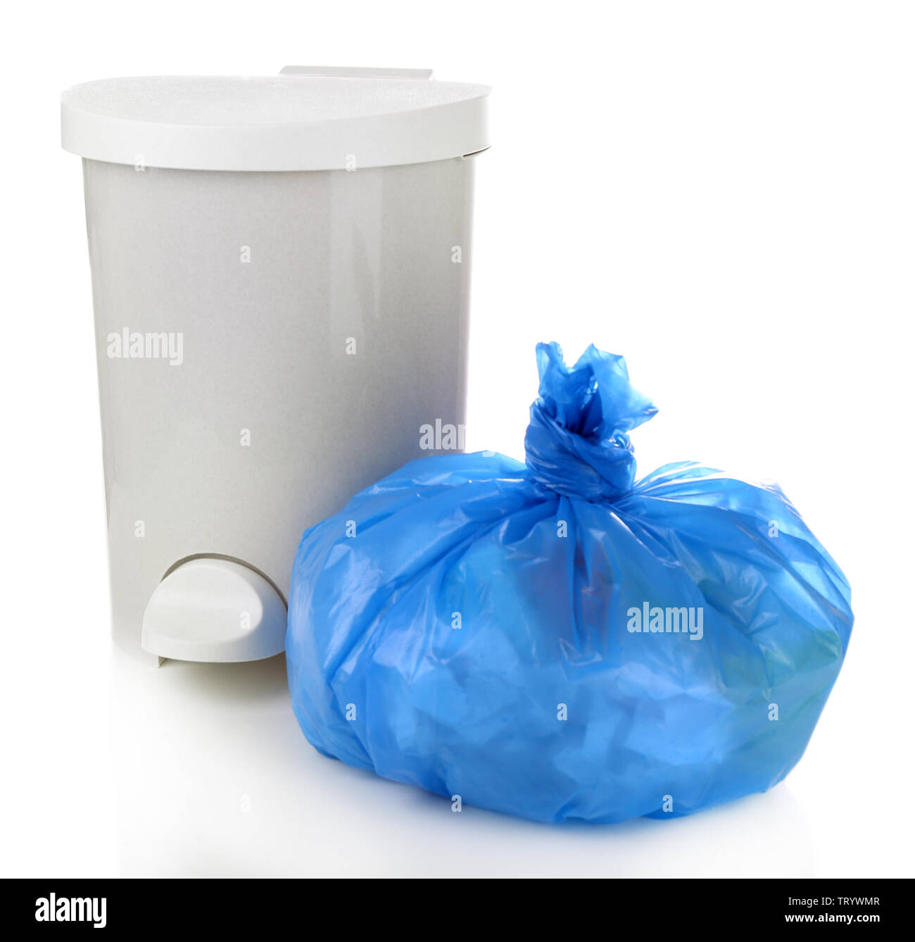 Garbage bin and plastic trash bag, isolated on white Stock Photo - Alamy