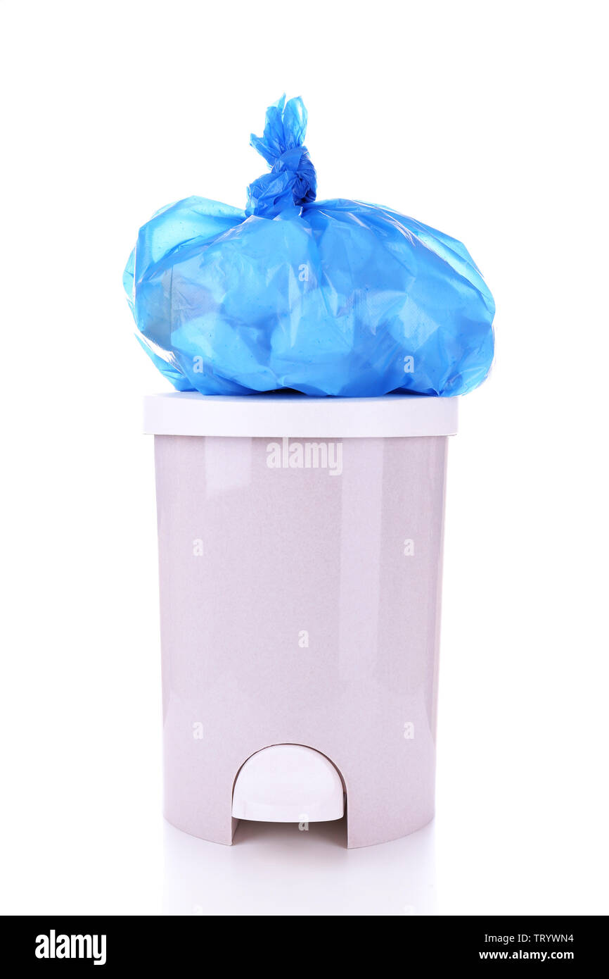 Garbage bin and plastic trash bag, isolated on white Stock Photo - Alamy