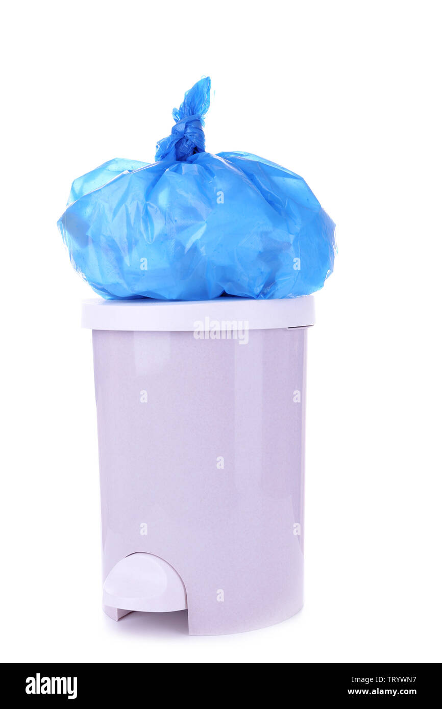 Garbage bin and plastic trash bag, isolated on white Stock Photo - Alamy