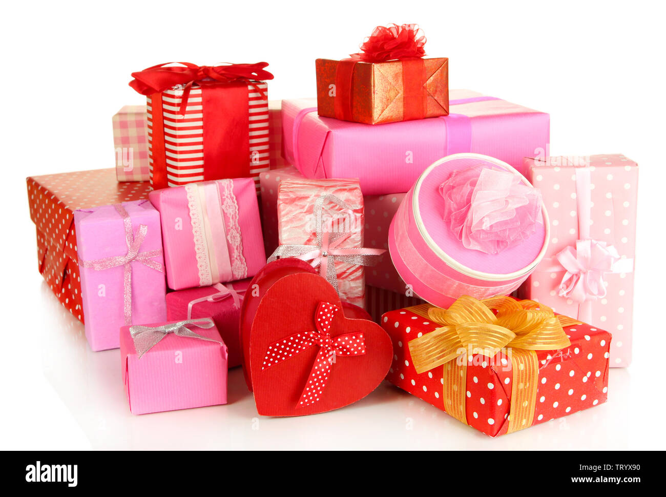 Pile of colorful gifts boxes isolated on white Stock Photo - Alamy