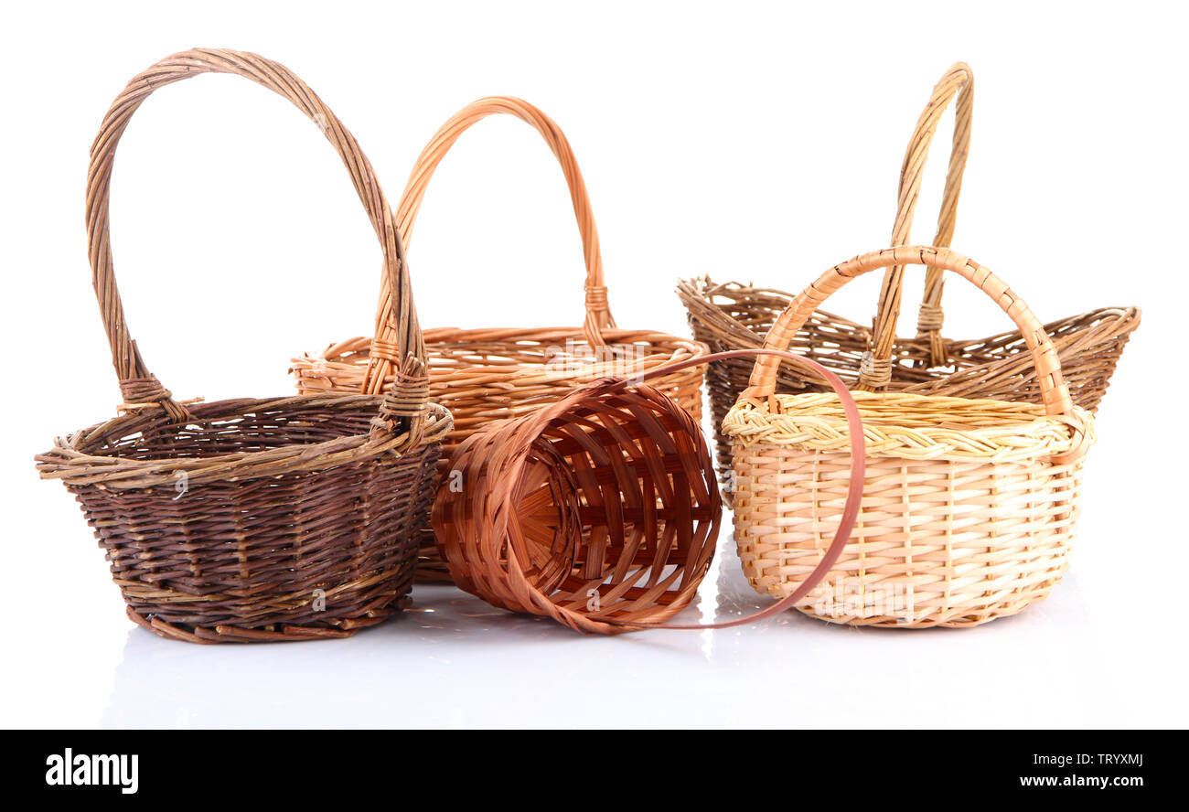 Empty wicker baskets, isolated on white Stock Photo Alamy