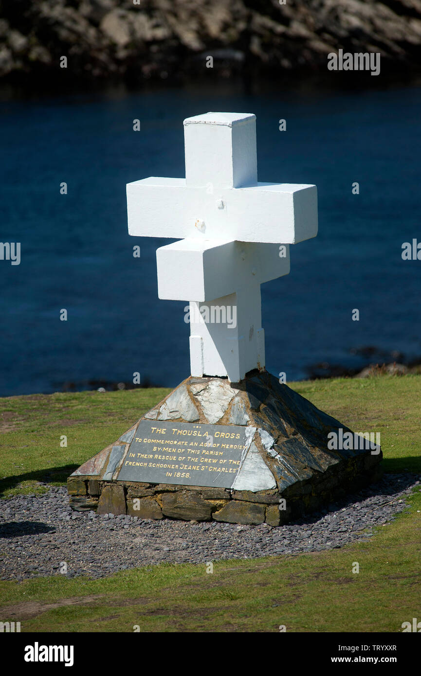 The Thousla Cross, commemorating an the rescue of the crew of the French schooner 'Jeane St Charles', 1858, Calf of Man, Isle of Man, British Isles Stock Photo