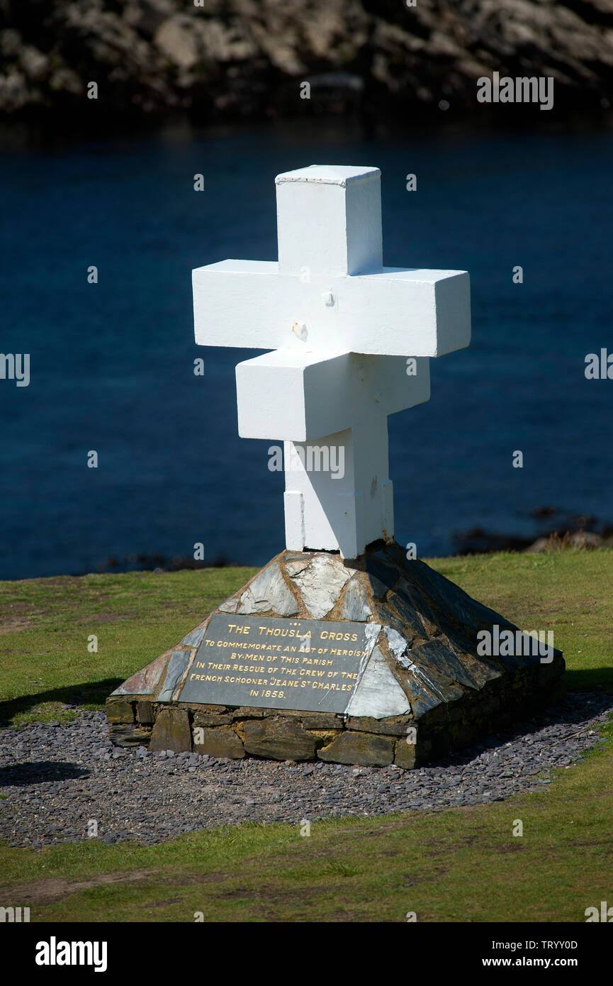 The Thousla Cross, commemorating an the rescue of the crew of the French schooner 'Jeane St Charles', 1858, Calf of Man, Isle of Man, British Isles Stock Photo