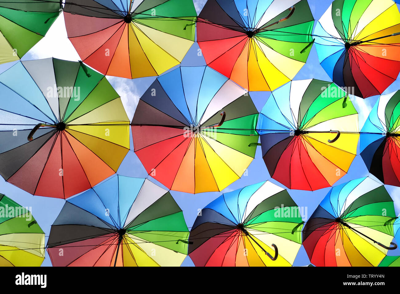 Colorful umbrellas background. Lots of umbrellas coloring the sky in