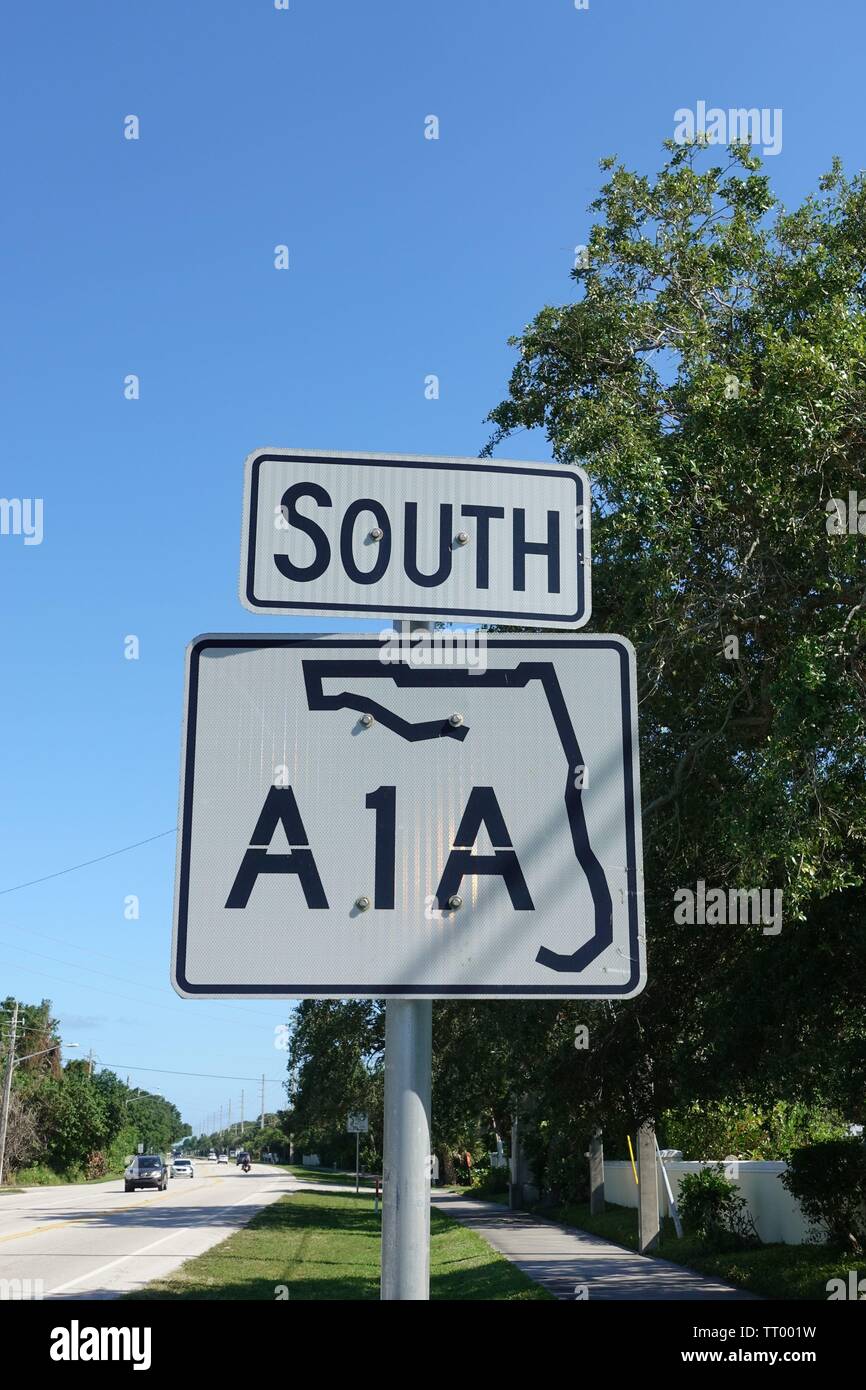 Highway A1A sign along the Florida coast.  Concept Beach lifestyle. Stock Photo