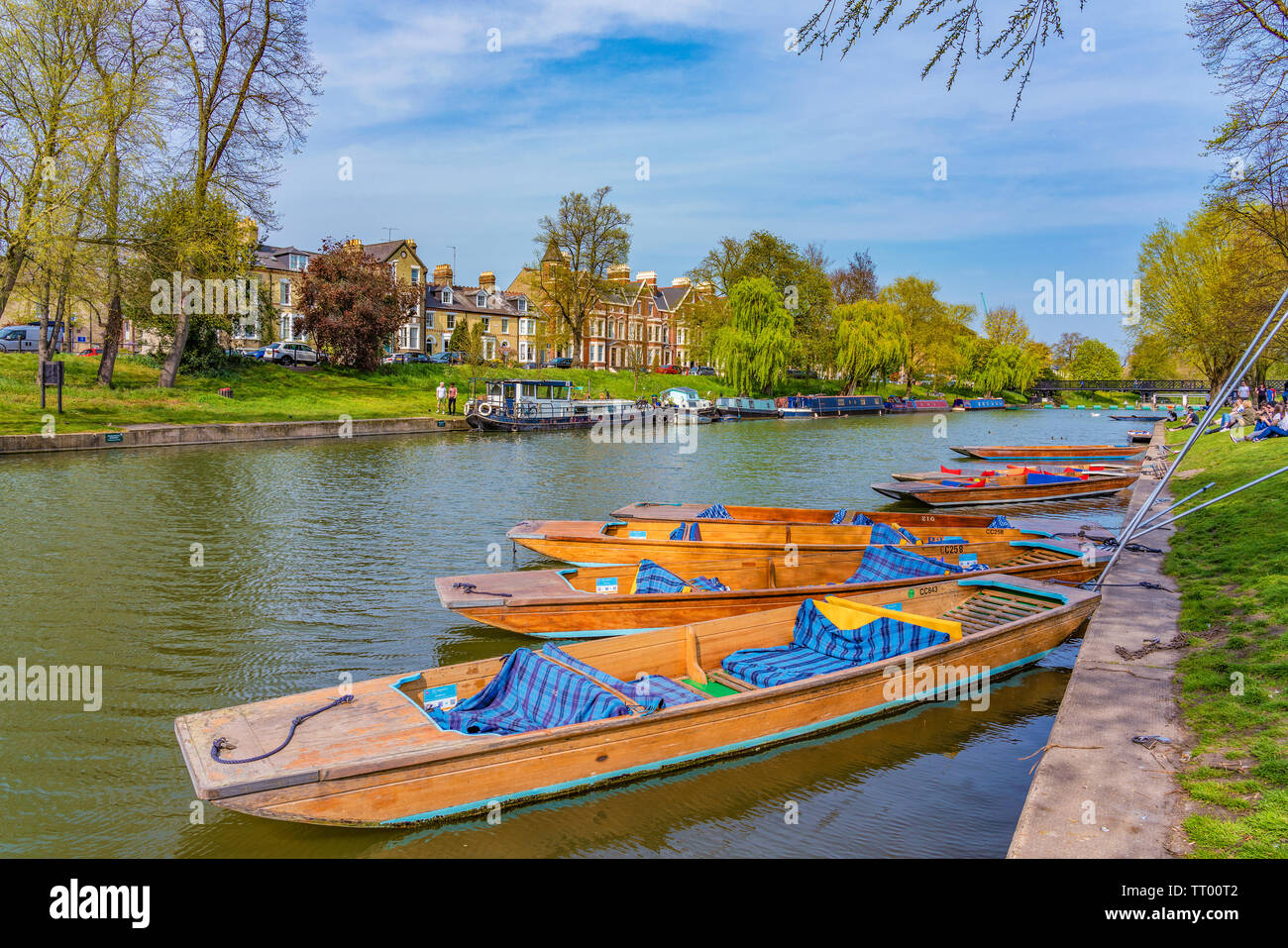 CAMBRIDGE, UNITED KINGDOM - APRIL 18: View of traditional punt boats which are used for river tours along the River Cam on April 18, 2019 in Cambridge Stock Photo