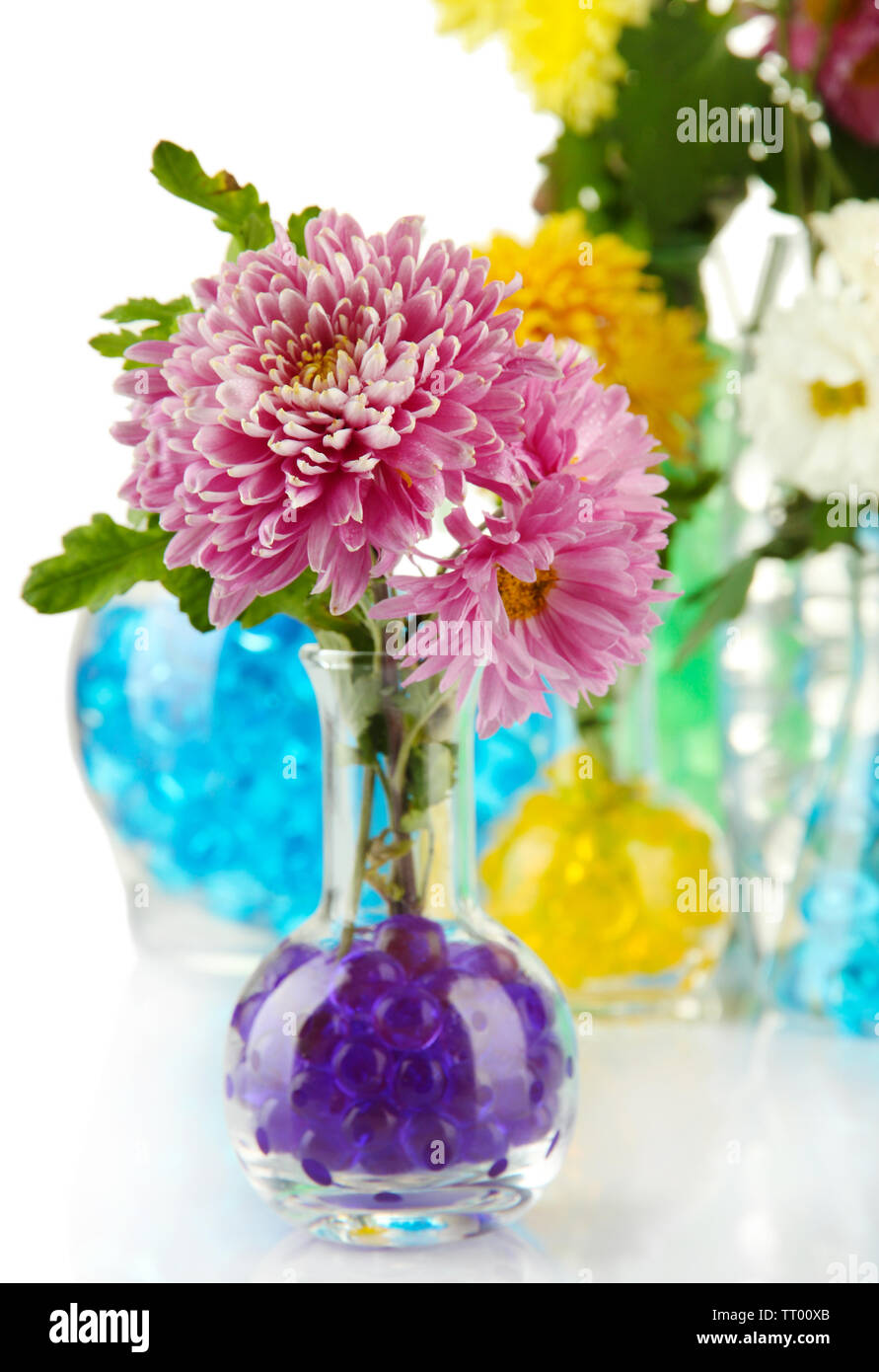 Beautiful Flowers In Vases With Hydrogel Close Up Stock Photo