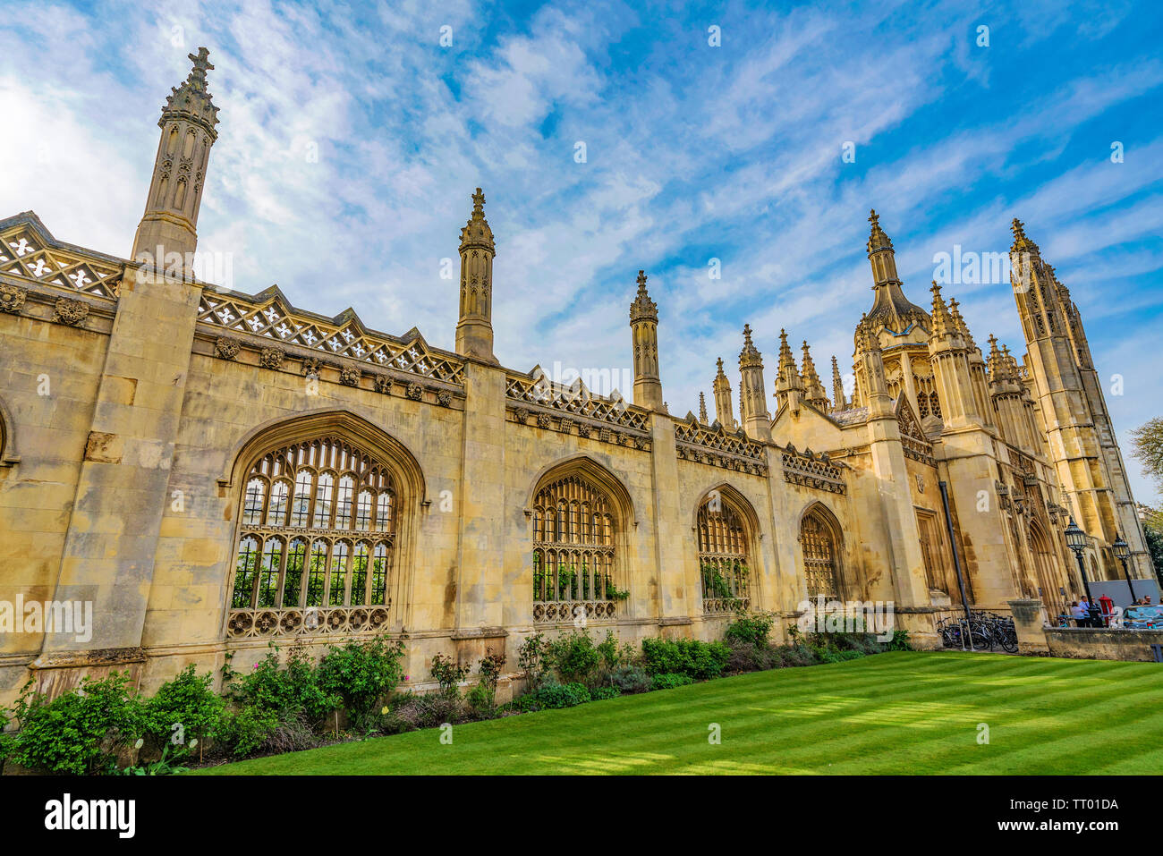 CAMBRIDGE, UNITED KINGDOM - APRIL 18: Historic architecture of the famous King's College buildings, a popular travel destination on April 18, 2019 in Stock Photo