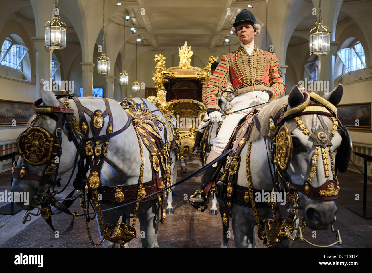Royal carriages and coaches at The Royal Mews, Buckingham Palace, London, England, UK. Stock Photo