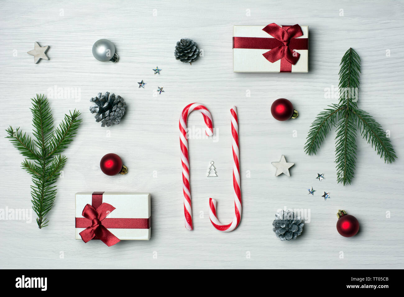 White, green and red christmas composition with candy canes and gift ...