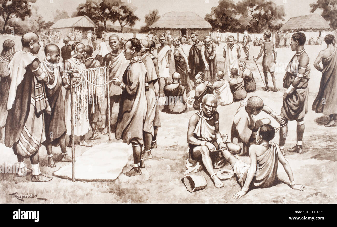 EDITORIAL ONLY  A market scene in Kikuyu, Kenya, 19th century. After a work by J. Macfarlane. From a contemporary print c.1935. Stock Photo