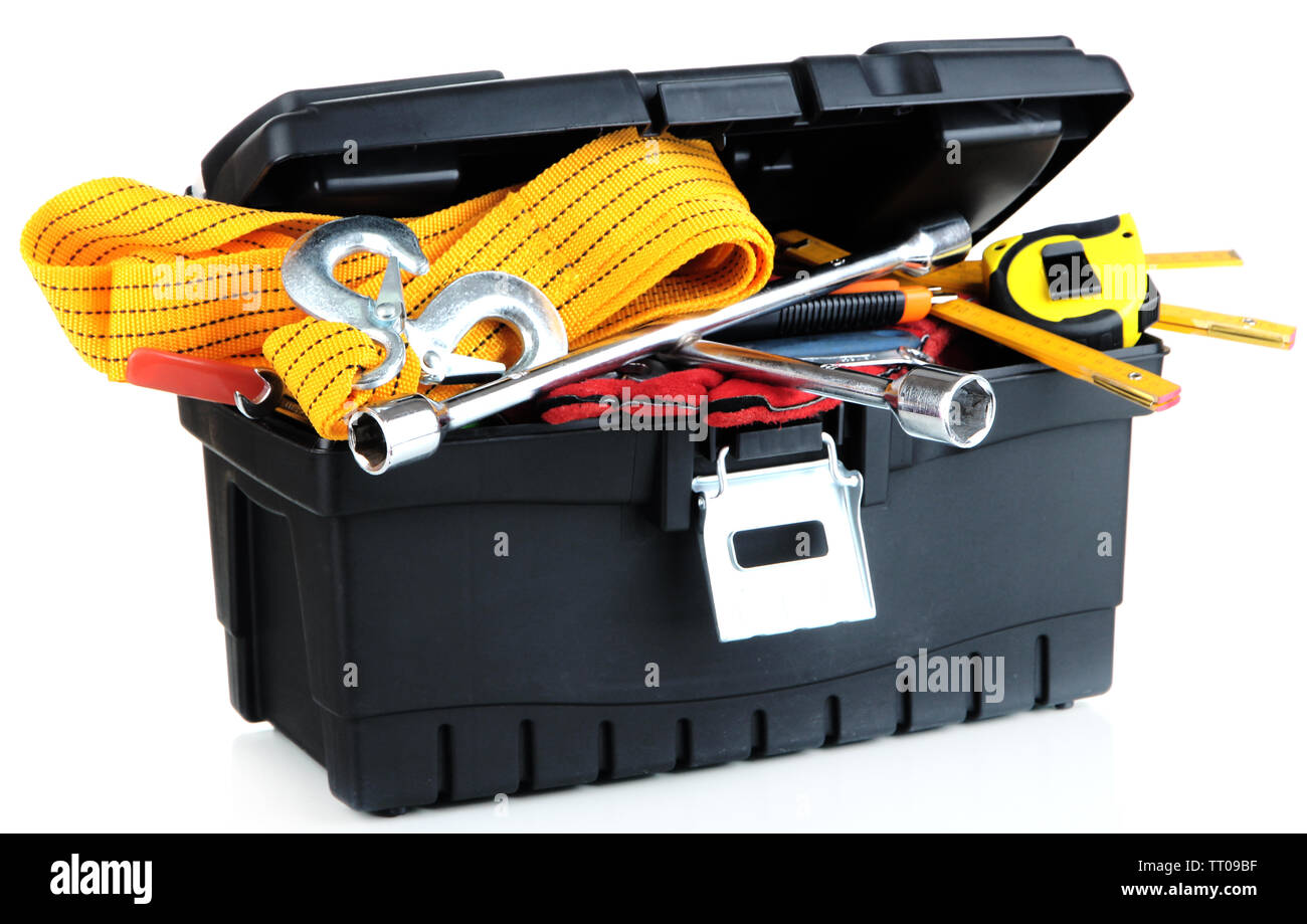 Black toolbox with tools isolated on white Stock Photo - Alamy