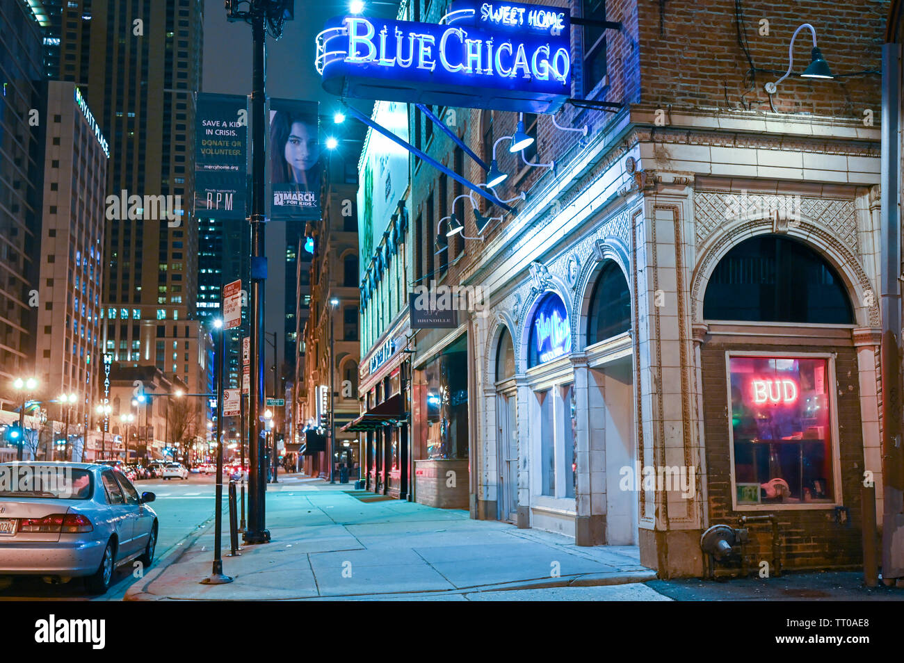 Blue Chicago by night on North Clarke Street in downtown Chicago. This famous blues club opened in 1985. Stock Photo
