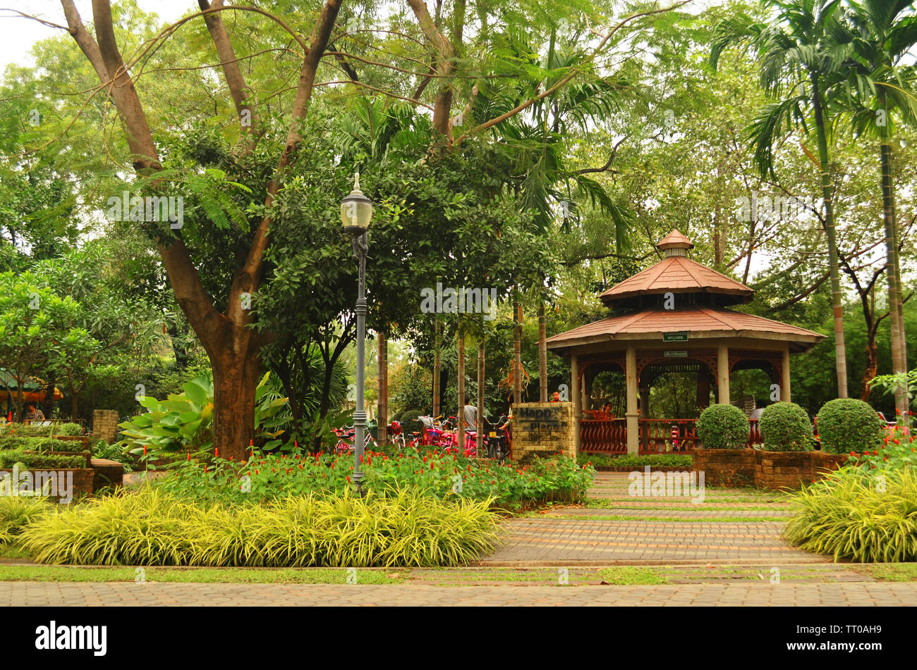 The park has a pavilion sitting. Stock Photo