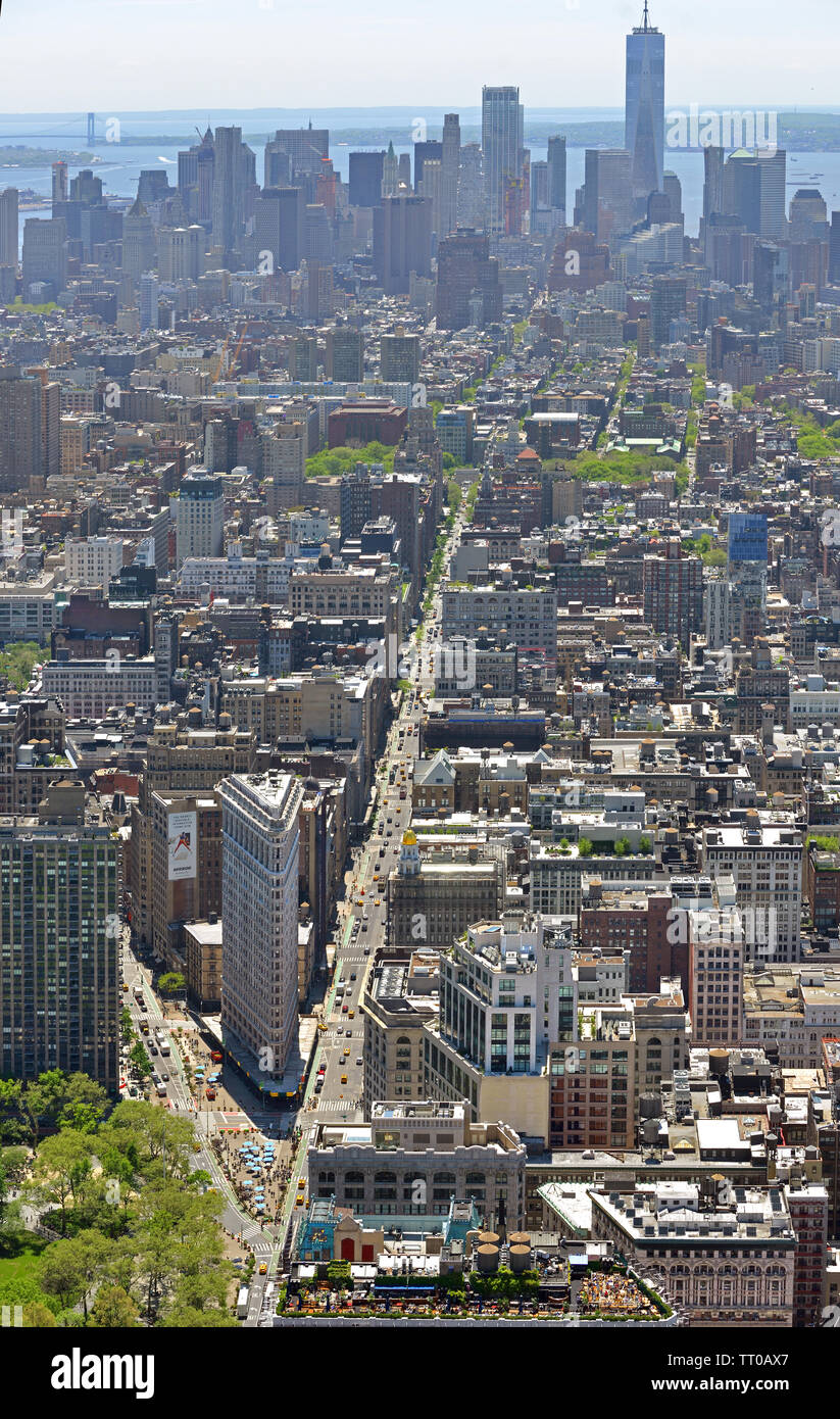 Flatiron District, neighborhood in New York City borough of Manhattan, named after Flatiron Building at 23rd Street, Broadway and Fifth Avenue Stock Photo