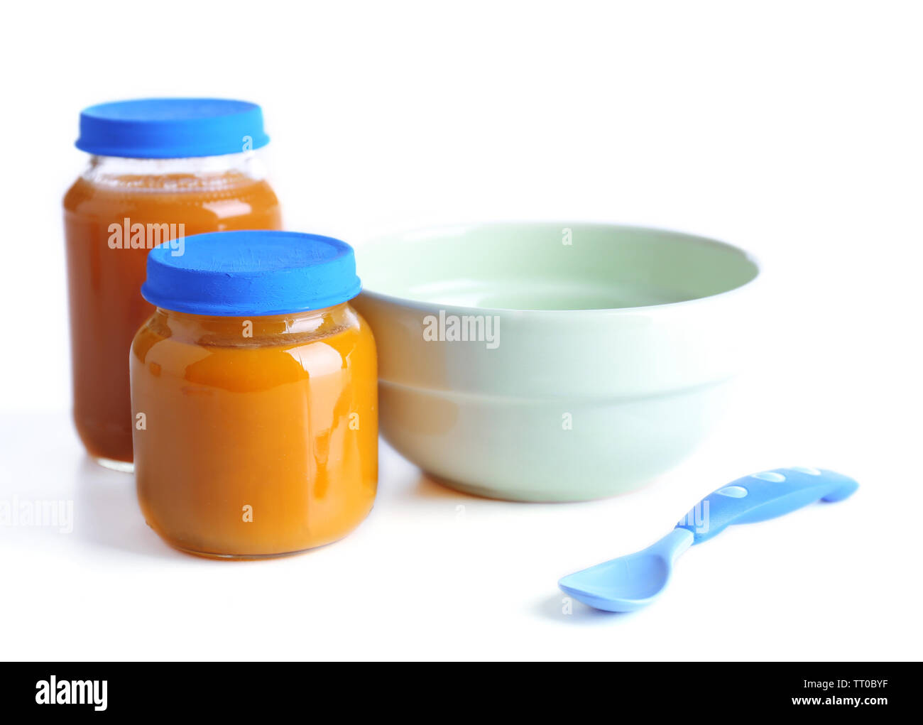 Baby food in glass jars, isolated on white Stock Photo Alamy