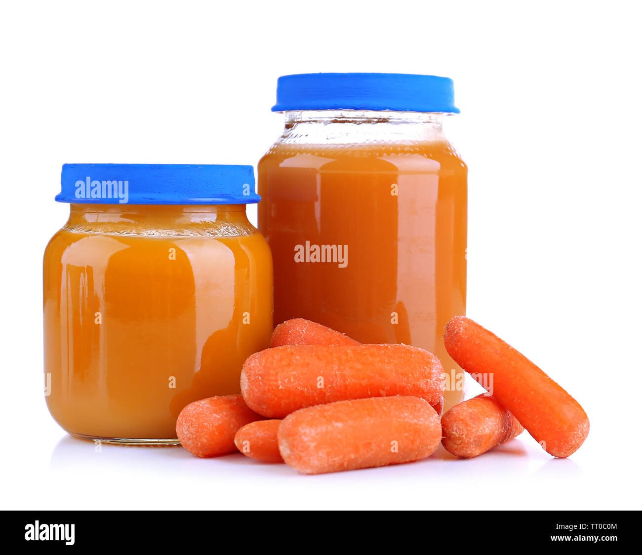 Baby food with carrot in glass jars, isolated on white Stock Photo Alamy