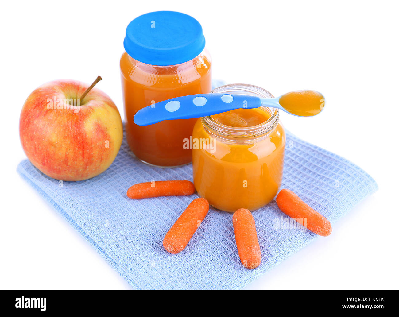 Baby food with carrot and apple in glass jars, isolated on white Stock Photo Alamy