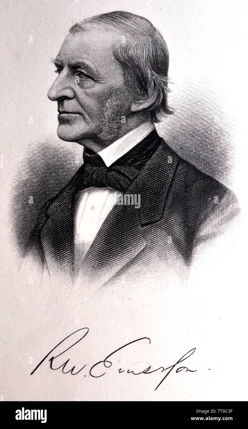 Ralph Waldo Emerson, from the book 'Works of Ralph Waldo Emerson', published by George Routledge and Sons, 1889.  Emerson was an American poet, essayist, lecturer, and philosopher, who was leader of the transcendentalist movement. Stock Photo